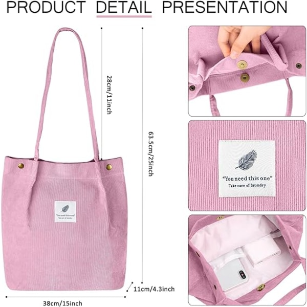 Kordväv Tote Bag för kvinnor Canvas Axelväska med innerficka
