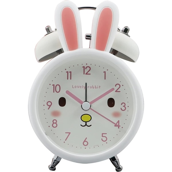 Kaninväckarklocka för barn, tecknad söt kaninväckarklocka för tunga sovande med bakgrundsbelysning, högljudd tvillingklocka för inredning i sovrummet (vit)