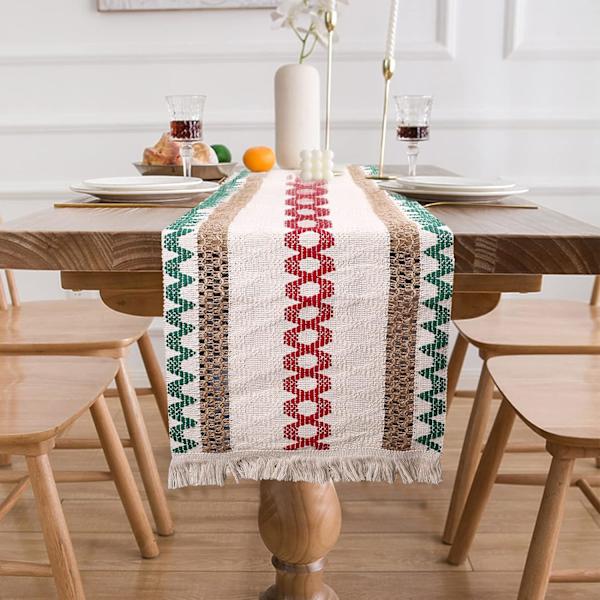 Makramé bomullslinned bordløper Hessian bordløper med dusker til hjem spisestue dekorasjon fest bryllup jul, 30 x 140 cm
