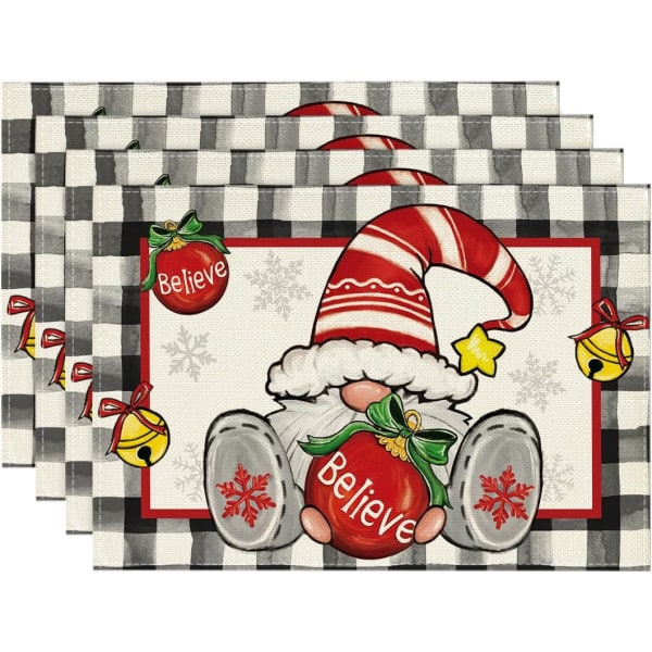 Buffalo Plaid Gnome Believe Ball juledekkesett med 4, 12x18 tommer Bell Vinter Xmas bordmatter for fest kjøkken Spisebord dekorasjon