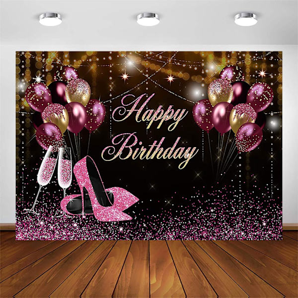 Svart gull rosa glitter bursdagsbakgrunn for jente kvinner fotoshoot gratulerer med dagen festbanner høye hæler champagne (7x5ft)