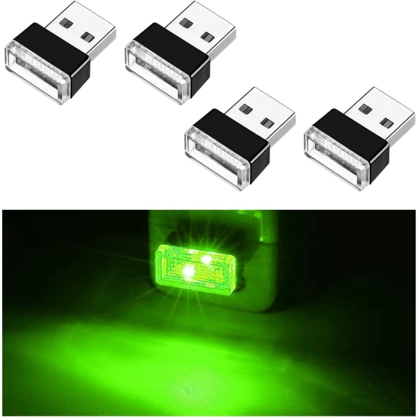 4 stk. USB LED-bilinteriør-atmosfærelampe, bærbar mini LED-nattlys, plug-in USB-grensesnitt bagasjeromsbelysningssett (grønn)