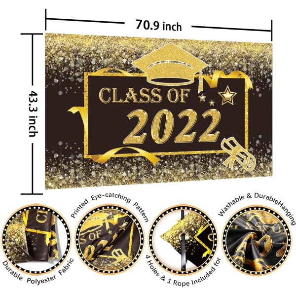 Klass av 2022 Dekorationer Grattis Examen 2022 Banner - Grattis Grad Bakgrund, 70,9x43,4 tum, Svart och Guld