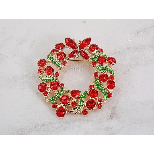 Holiday Wreath Pin Brooch with All Sparkling Red Crystals, Crystal Butterfly, & Green Enamel Holly