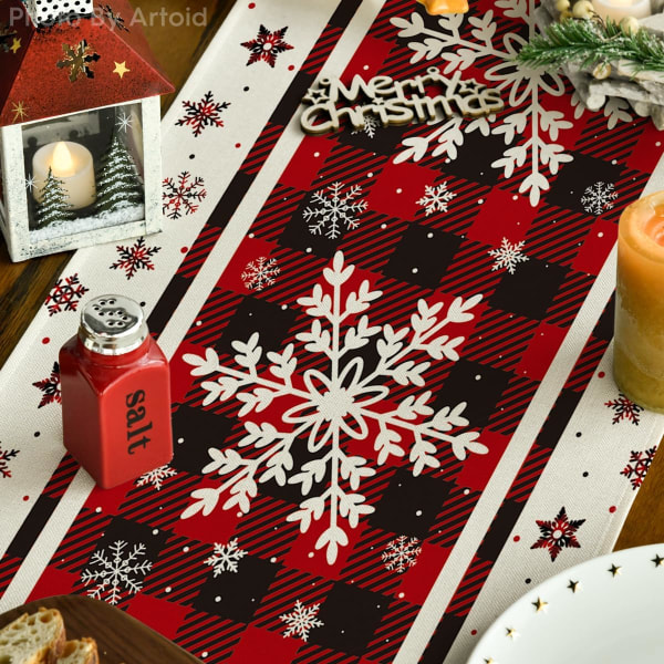 Buffalo Plaid Snowflakes -joulupöytärunko, kausiluonteinen talvikeittiön ruokapöydän koristelu kotibileiden sisustukseen 13x72 tuumaa