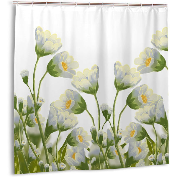 Bruseforhæng Landlig Hvid Blomster En Spirende Daisy Vandtæt Stof Bruseforhæng Sæt til Badeværelse 12stk Kroge(60x72inches) Hvid Grøn