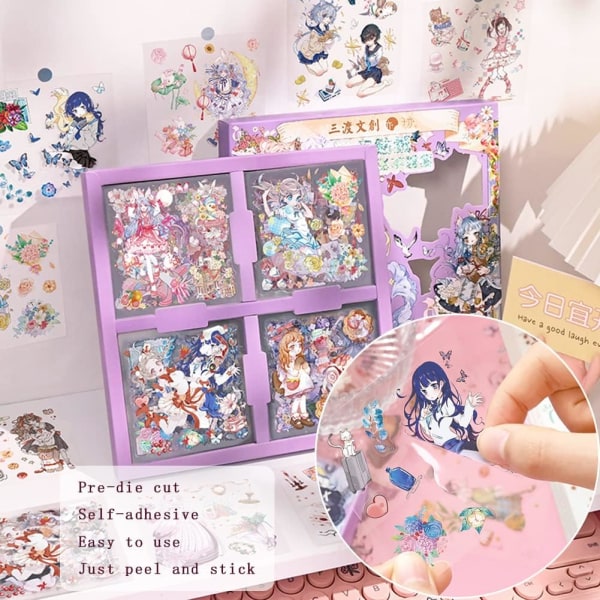 Suloinen päiväkirjan tarrojen lahjapakkaus - 100 arkkia PET-sarjakuva Kawaii-tyttö koristeellinen leikettävä tarra scrapbookingiin