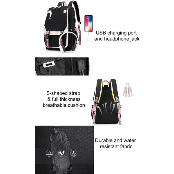 Ryggsäck för tonårsflickor Mellanstadiestudenter Bokväska Outdoor Daypack med USB laddningsport (21 liter, rosa svart)