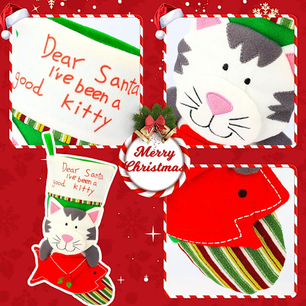 20'' Julekattestrømpe 3D Stor Kæledyrsholder Kitty Ornament Gaveposer til Kæledyr Ornament Killingedekoration Feriefest Tilbehør, Grøn