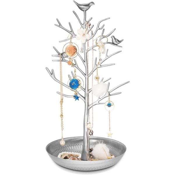 Silver Birds Tree Smycken Stativ Display Örhänge Halsband Hållare Organizer Rack Tower-silver