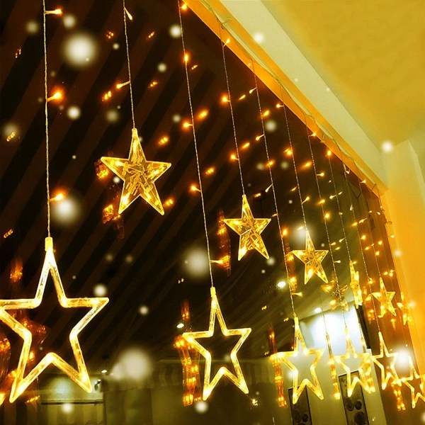 Heyone 12 stjerner Gardinlys - 138 LED'er Julevindue Gardinlys 8 Mode Udendørs Indendørs Stik i Fairy Curtain White