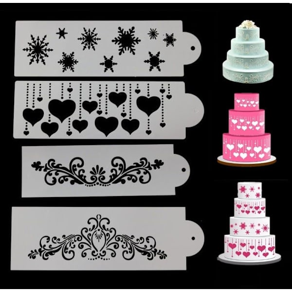 Lumikide sydänkakun koristelu stencilit mallit 4 kpl Kukka hääkakku muotit Cookie Fondant Jälkiruoka koristelu tarvikkeet