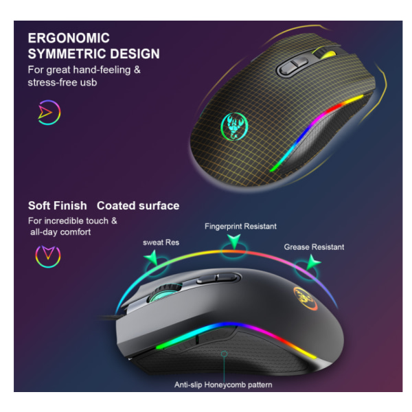 RGB Gaming Mus - Bakbelyst kablet ergonomisk 7-knapps programmerbar mus med 7200 DPI for Windows PC (svart) - Gaming Mus Kablet