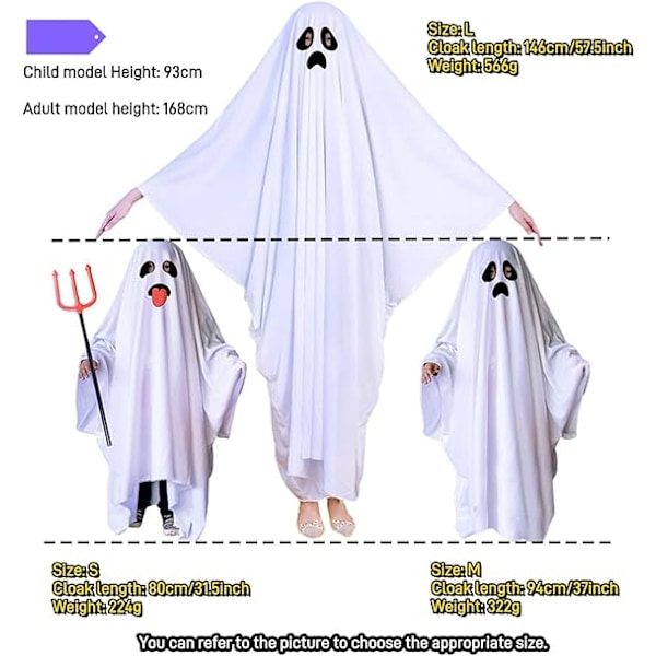 Spökkostym Unisex Barn och Vuxen Halloween Fancy Cosplay Pojkvit Boo Spökkåpa Barn Spöklikt Bus eller Godis (Grimace) M(94CM)