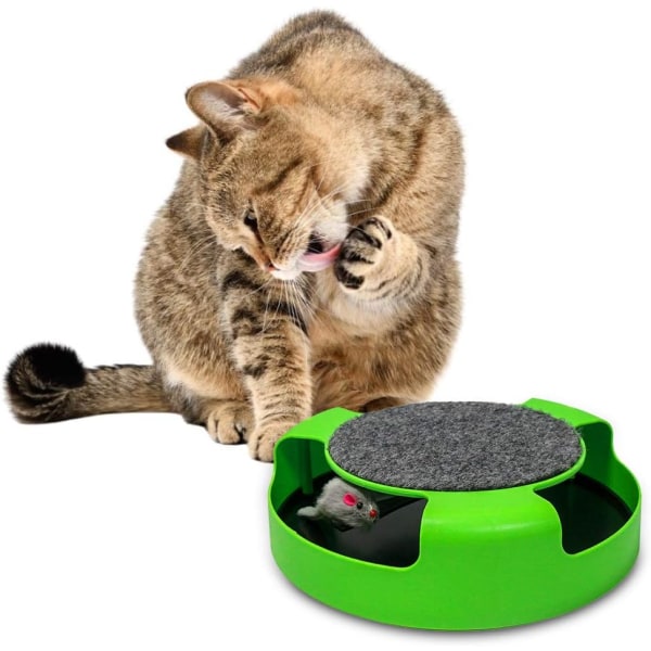 Interaktiv kattleksak, musfångande kattleksak med en löpande mus och en skrapmatta, kvalitetskattleksak, grön