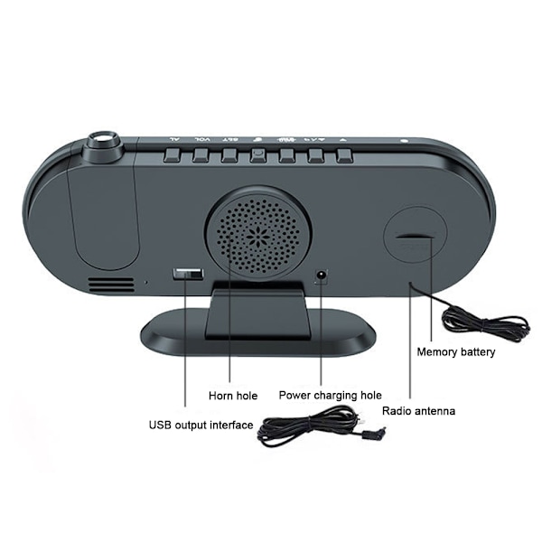 Projektio Digitaalinen Herätyskello, Led Peilimäinen Yöpöydän Kellot Radio 180° Projektorilla, Kaksoisherätykset, Usb Lataus - Valkoinen