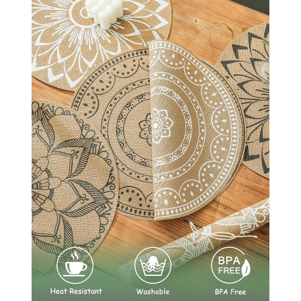 Set of 6 Boho PVC Round Placemats for Dining Table Mandala Table Mats Washable Heat Resistant Placemats Jute Retro Table Decor(B)