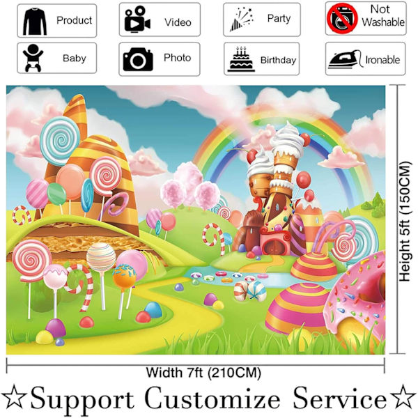 7x5ft Lollipop Candyland Tausta Makeat Sarjakuva Sateenkaari Juhlatarvikkeet Tytöille 1. Ensimmäisen Syntymäpäivän Koriste Cupcake Jäätelö