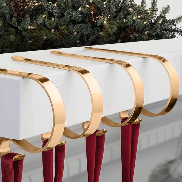 Strumphållare för Mantel - Julstrumpahållare – Eldstad Strumphängare Set Mantelklämmor Krokar – Juldekorationer 4-pack – Rose Gold