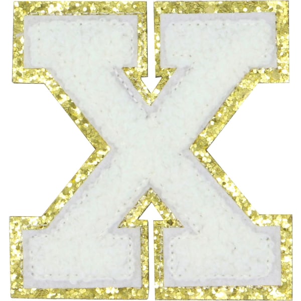 Engelsk bokstav X Stryk på reparasjonslapper Alfabetsøm Applikasjoner Klesmerker, med gullglitterkant, selvklebende klistremerke bak（Hvit X）XHvit