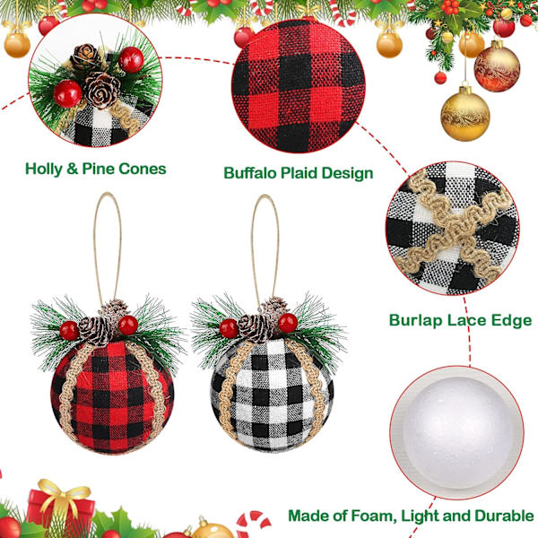 6 stk. Julekugler i Buffalo Plaid
