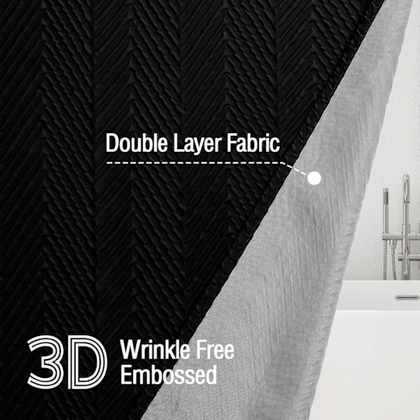 Svart Duschdraperi, 3D Präglad Texturerad Herringbone Tyg Duschdraperi, Duschdraperi Set med Krokar, 72x72