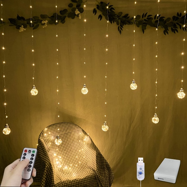 Gardinstreng med 200 LED-lys, fjernkontroll, USB-batteridrevne Twinkle Globe-lyskjeder for bryllup (varm hvit)