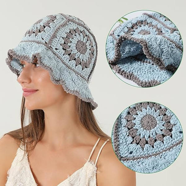 Boho Heklet Bøttehatt for Kvinner Blomster Håndlaget Beanies Hat Hul Håndstrikket Casual Strandhatt for Ferie