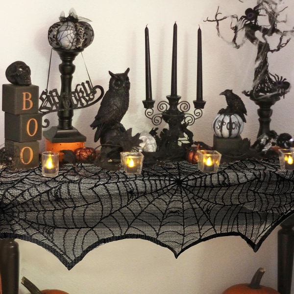 Halloween-dekorasjoner Svart blonder edderkoppnett peis mantel skjerf deksel for Halloween mantel dekor festlige festartikler, 18 x 96 tommer
