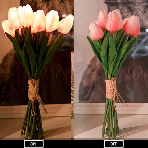 12 st Tulpaner konstgjorda blommor med LED-ljus, Real Touch falsk bukett för heminredning, bordslampa, nattlampa, jul, batteridriven