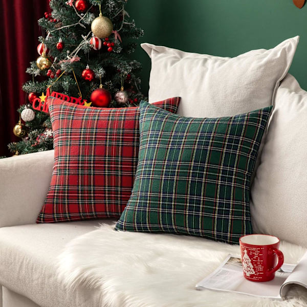 Julset med 2 skotska rutigt pläd kuddfodral bondgård klassisk dekorativ fyrkantig kudde soffa 18x18 tum, röd