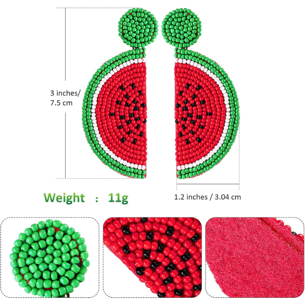2 par Frukt Vattenmelon Form Drop Örhängen Bohemian Seed Bead Örhängen Handgjorda Pärlade Dangle Studs Örhängen för Kvinnor Flickor(Rose Red, Röd)