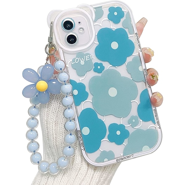 Kompatibel med iPhone 12-deksel med nydelig blomsterarmbånd Floral Bear-kameralinse Klart deksel med kjede - Bear Blue