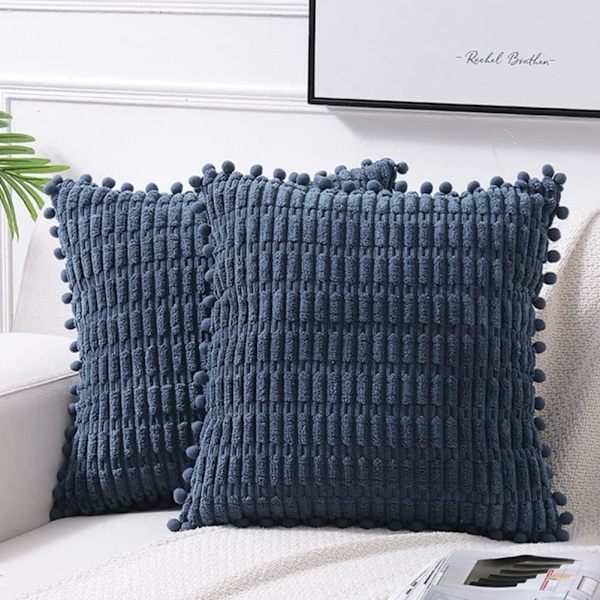 2 poser blå pudebetræk 20x20 tommer, med pompom, egnet til sofa seng stue, blød Corduroy sød firkantet pudebetræk 50x50cm