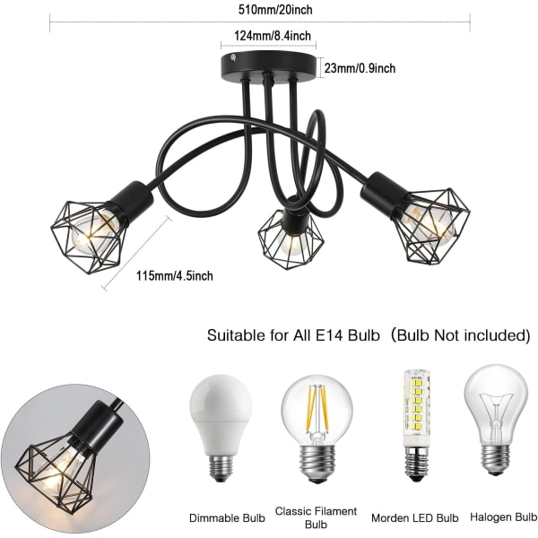 Industriel loftslampe 3 spots sort metalgitter loftslampe, industriel loftslampe armatur
