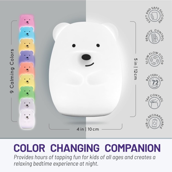 Silikon nattlampa för barn, björn - 9 mjuka färger, fjärrstyrd sömntimer - Uppladdningsbar, batteridriven nattlampa för barn, toddler