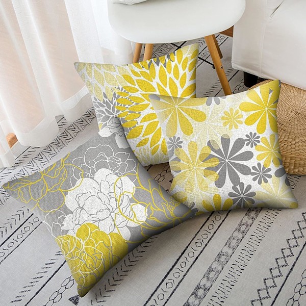 Keltaiset tyynynpäälliset 18x18 4 kappaleen sarja Harmaa koristeellinen tyynynpäällinen sohvalle Modernit Daisy-tyynynpäälliset olohuoneeseen 18″×18″