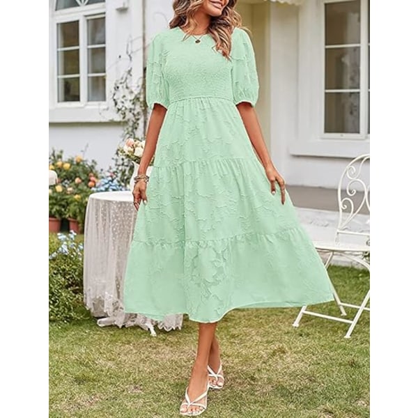 Women's 2023 Summer Puff Sleeve Smocked Floral Dress Crewneck Lace Midi Dresses Casual Dresses for Women