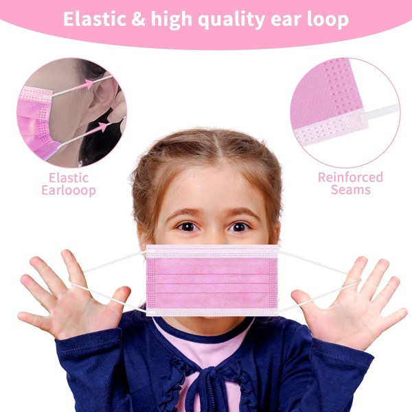 Barnfärgade engångsmasker, 100 stycken per kartong, CE-märkt Klass II R rosa, 3 lager av skyddande andningsförmåga