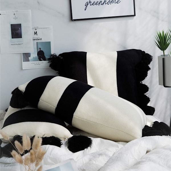 Stribet bomuldsstrikket pudebetræk med pompom-kvast til sofa, seng, stue (sort C, 33 x 66 cm)