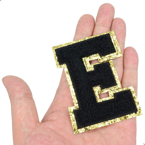 Englannin kielen kirjain E - Silitysmerkit Aakkoset Ompelemissovellukset Vaatteiden merkit, Kultaisella glitter-reunuksella, Liima-taustatarra（Musta E）EBlack