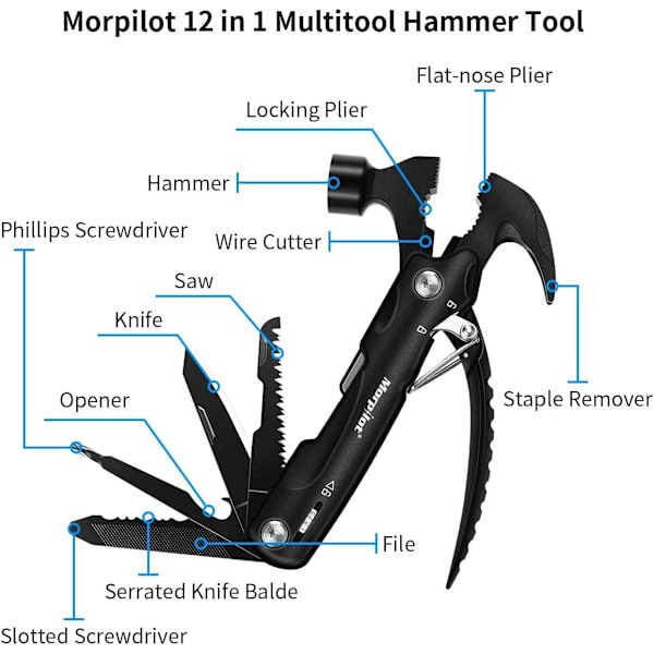 Multifunktionel hammer, 12 i 1 multifunktionel hammer, sammenklappelig multifunktionel bælte flaskeåbner skruetrækker