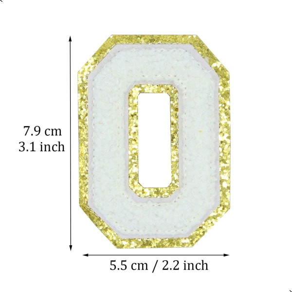 Engelska bokstaven O strykjärnsmärken för reparation, applikationer för sömnad, klädmärken, med guldglitterkant, självhäftande baksida (vit O)OWhite