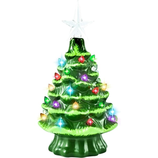 Keramisk juletræ 8" præ-oplyst håndmalet bordplade juledekor med 32 flerfarvede lys og topstjerne, retro centerpiece