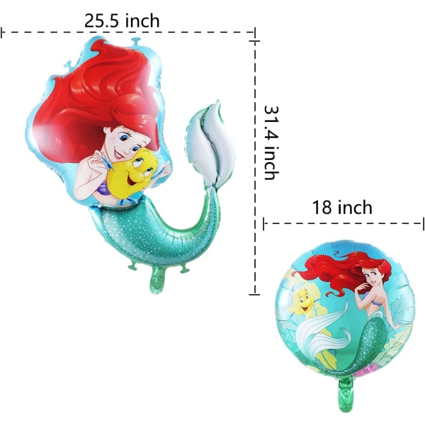 5 stk Ariel Mermaid Princess folieballoner, lille havfrue tema fødselsdagsfest dekorationer til piger