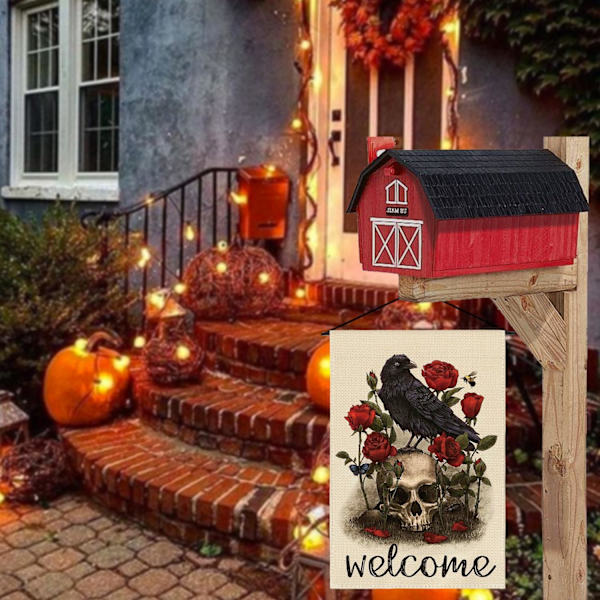Halloween Tervetuloa Kallo Ruusu Varis Puutarha Lippu Kaksisivuinen, Kuolleiden Päivä Loma Piha Ulkona Koristeellinen Lippu 12 x 18 Tuumaa