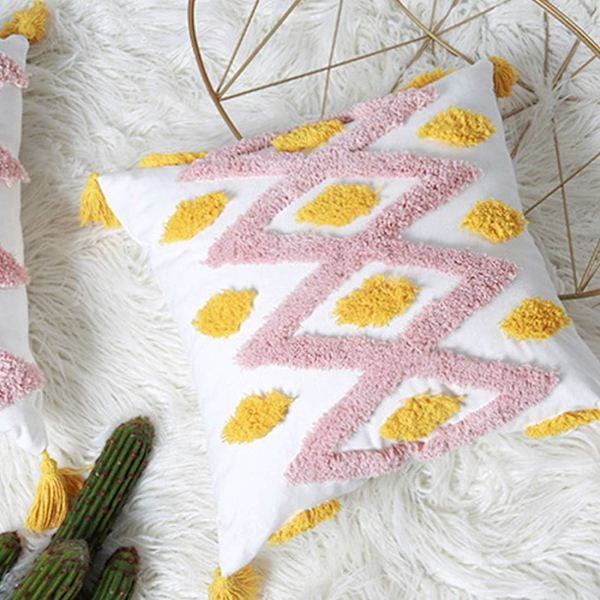 Fargerike Boho Tufted Pledd Putetrekk med Dusker Geometriske Kvadratiske Pudetrekk Putevar (Geometrisk A, 18\"x18\")