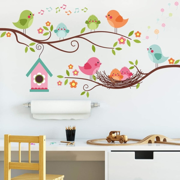 Robin Fågel och trädgren väggdekal, färgglad söt tecknad söt fågel som sjunger på trädgrenen, med blomsterrum