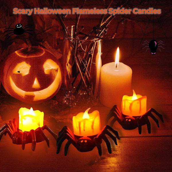 12-pack spindelformade flamlösa ljus, Halloween-spindel-ljus, batteridrivna Halloween-pumpor LED-värmeljus