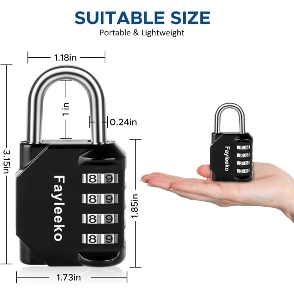 Kombinasjonslås, 4-pakning, 4-sifret kombinasjonslås for skolegym, sportskap, gjerde, verktøykasse, etui, hasp-skaplagring